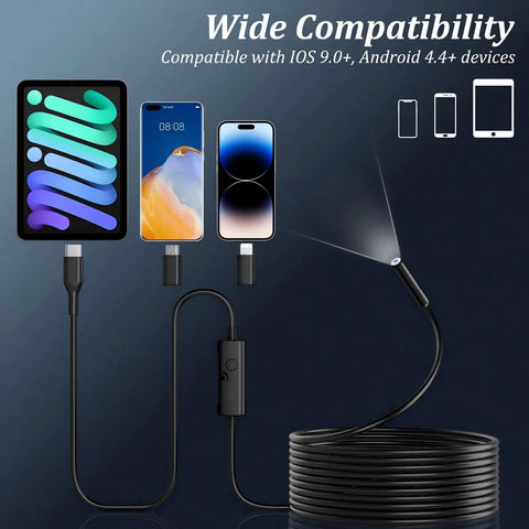 Borescope Camera With Light For Home And Auto Inspections, 7.9mm Tube, 1920P HD Image, shown compatible with iOS and Android.