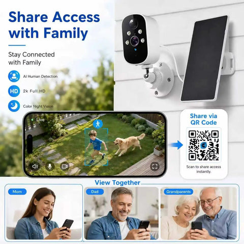 Two Pack 2K Wireless Solar Security Cameras With Straight Up Reliable Motion Tracking. Showing outdoor camera with solar panel and app view.