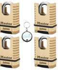 ProSeries Shrouded Brass Resettable Four Digit Padlock With Large Glove Friendly Dials, 4-pack set with keychain light