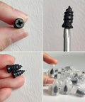 Close-up of rubber plugs and spiral screws from 60 Piece Tire Repair Kit With Rubber Plugs And Spiral Screws, DIY Friendly Self Service Patch Kit For Cars, Motorcycles, Trucks And Tractors, Quick Fix For Punctures, Includes 30 Small And 30 Large Plugs.
