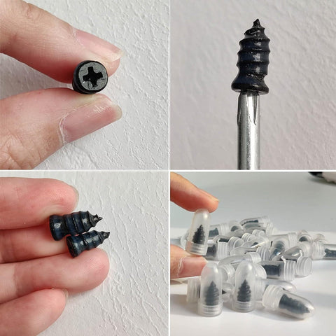 Close-up of rubber plugs and spiral screws from 60 Piece Tire Repair Kit With Rubber Plugs And Spiral Screws, DIY Friendly Self Service Patch Kit For Cars, Motorcycles, Trucks And Tractors, Quick Fix For Punctures, Includes 30 Small And 30 Large Plugs.