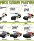 Various sizes of hand push seed planters ranging from 1 to 6 rows, showing dimensions and line spacing, ideal for terraced gardens.