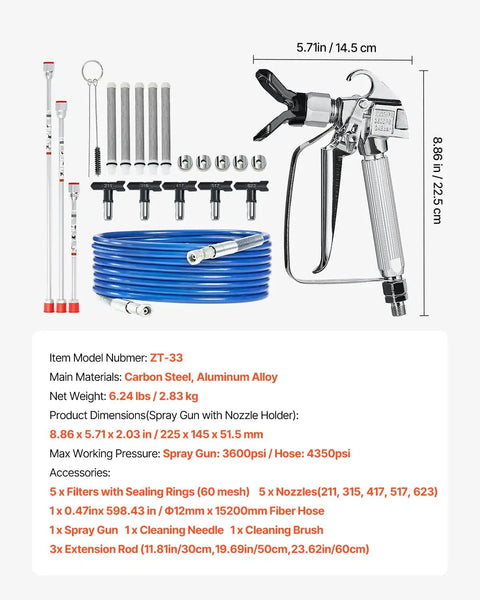 Pro Move Airless Paint Spray Gun And Hose Kit Featuring 3600 PSI Pressure Rating with nozzles, hoses, and extension rods.