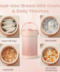 Portable Breast Milk Storage Bottle Smart Temperature Display 20 Oz Insulated Chiller Pink with breast milk bags and baby bottles.