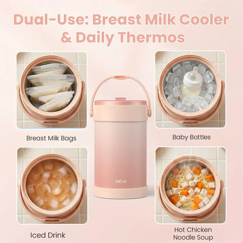 Portable Breast Milk Storage Bottle Smart Temperature Display 20 Oz Insulated Chiller Pink with breast milk bags and baby bottles.