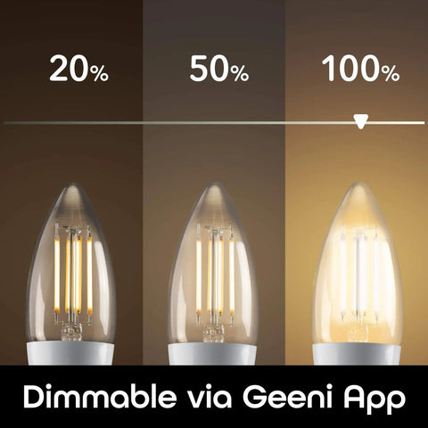 Three B11 Filament WiFi LED Smart Bulbs Dimmable E12 Base white light at 20%, 50%, and 100% brightness, app controlled.