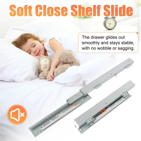 Soft Close Shelf Slide showing premium undermount drawer slides for smooth operation, suitable for cabinets and pantries.