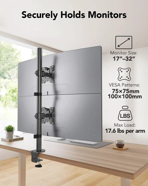 Vertical Dual Monitor Mount For Two 17 To 32 Inch Screens With Height Adjustable Arms And C Clamp, installed on desk