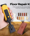 Person holding yellow and black floor repair tool with wax block showing Quick Dry Hardwood Floor Restoration Set For Scratches And Dents.