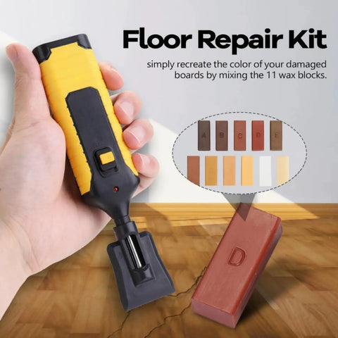 Person holding yellow and black floor repair tool with wax block showing Quick Dry Hardwood Floor Restoration Set For Scratches And Dents.
