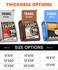 Heavy Duty Waterproof Tarp 12x20 Feet Ultra Thick 16 Mil HDPE Brown with other thickness and size options shown