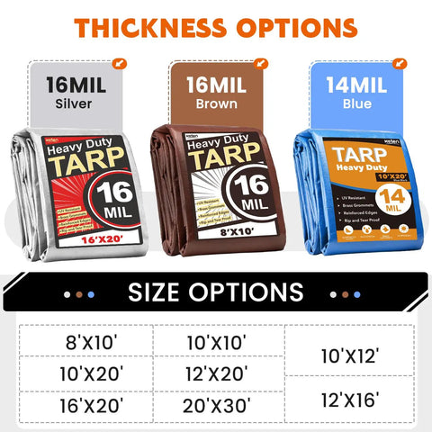 Heavy Duty Waterproof Tarp 12x20 Feet Ultra Thick 16 Mil HDPE Brown with other thickness and size options shown