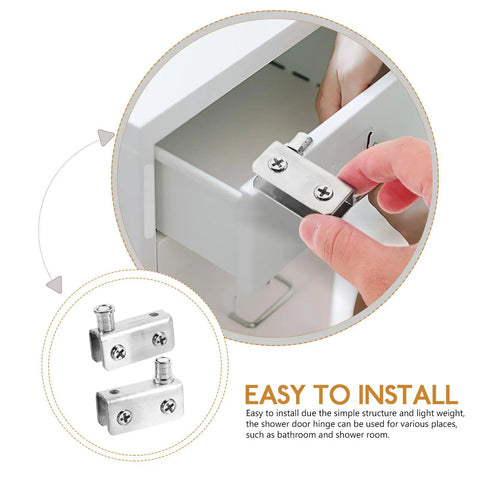 Installation of Stainless Steel Glass Door Hinges for 5 to 7mm Thick Glass, showing hand placing hinge on surface.