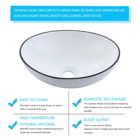 16 Inch Oval Bathroom Vessel Sink And Brushed Nickel Faucet Combo showing non-porous glossy ceramic surface with pop-up drain