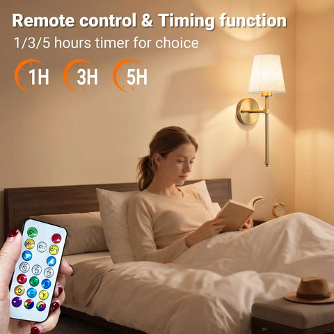 Zero Plug Drama Wireless Wall Sconce Set Of Two With Chill Remote And Dimmable Touch Cordless Lamp Fixtures in a cozy bedroom.