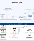 Product size diagram for 3 Hole Widespread Bathroom Faucet With Double Cross Handles, Deck Mount Mixer Tap, Brushed Nickel Finish.