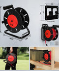 Portable Extension Cord Storage Reel With Hand Crank, 15 Amp Overload Switch, Four Outlets, wall-mounted in garage