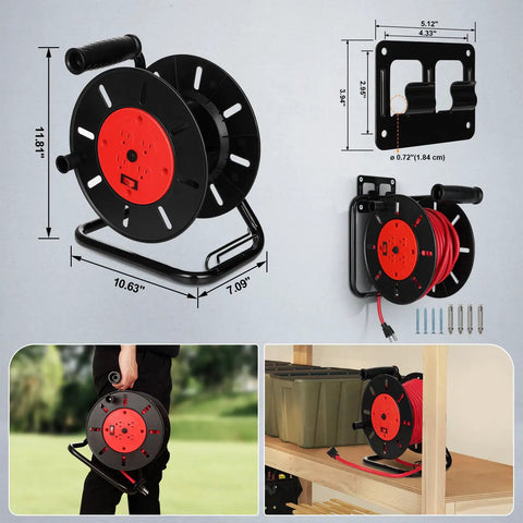 Portable Extension Cord Storage Reel With Hand Crank, 15 Amp Overload Switch, Four Outlets, wall-mounted in garage