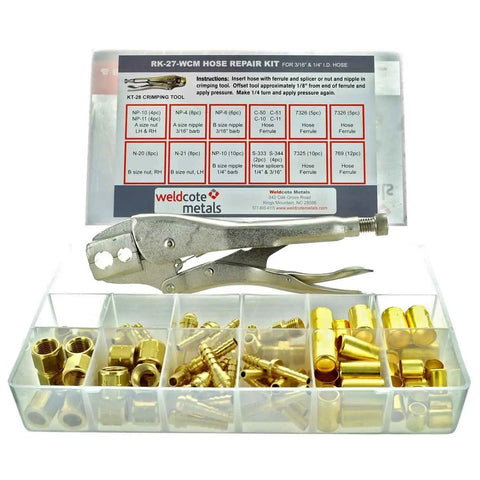 All-In-One Hose Repair Kit For 3/16 And 1/4 Inch Hose With A And B Fittings, Crimping Pliers Included, Gold Finish, shown in package