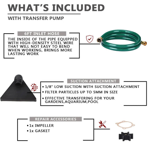Portable 12V DC Water Transfer Pump With Suction Hose Kit, 330 GPH Low Suction, Self Priming, showing hose, suction attachment, and parts.