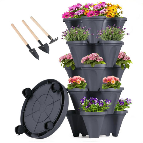 Vertical Planter Tower Five Tier Stackable Garden Planters With Lockable Wheels For Indoor And Outdoor Use In Dark Gray