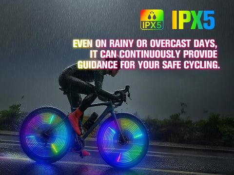 Cyclist riding in rain with Three Pronged Bicycle Spoke Lights Set for Bike Wheels With 360 Degree Visibility LED Wheel Lights