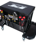 Heavy Duty 3 Drawer Rolling Tool Chest Seat With Magnetic Side Trays Black Vinyl Padded Seat Roller Bearing Slides Two Folding Tool Trays 350 Lbs Capacity For Pros And DIYers with tools in tray