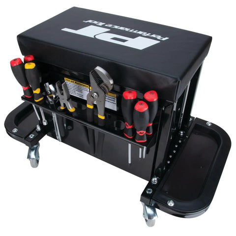 Heavy Duty 3 Drawer Rolling Tool Chest Seat With Magnetic Side Trays Black Vinyl Padded Seat Roller Bearing Slides Two Folding Tool Trays 350 Lbs Capacity For Pros And DIYers with tools in tray