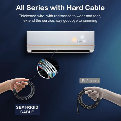 Comparison of semi-rigid and soft cables for the Dual Lens Endoscope Camera With Light For Inspections, 16.5ft cable shown.