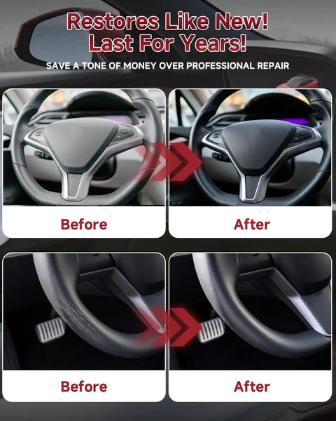 Before and after of a steering wheel using Tesla Steering Wheel Repair Kit Eight Piece Leather Scratch And Color Restorer For Model Y 3 S X