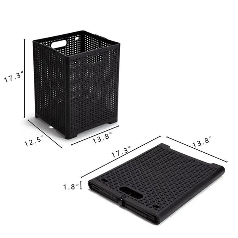 42L Collapsible Laundry Baskets Set Pack Of 2 Black Foldable Plastic Hamper dimensions displayed, open and flat.