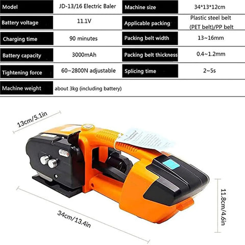 EUQKKWLOY Portable Electric Strapping Machine With 3000 Mah Battery For Pp Pet Welding Handheld Bale Press Tool Heavy Duty Strap Width 16mm side view showing handle and dimensions.