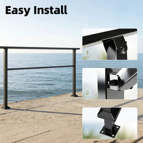 Heavy Duty Outdoor Handrails For 5 Step Exterior Stairs Solid Wrought Iron Railing With Crossbar Support Rust Proof Metal Guardrail demonstrating easy installation.