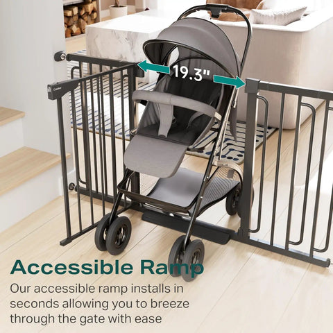 Extra Wide 29.7 to 57 Inch Walk Through Baby Gate for Stairs and Doorways, No Fuss Pressure Mounted Safety Gate for Kids and Pets, Black with stroller