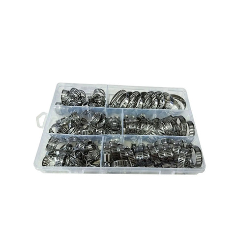 Ditch the drip and grab this Sick Worm Gear Hose Clamp Kit With 40 Or 120 Pieces Across 5 Sizes Perfect For Securing Water Gas Lines And Silicone Hoses On Any Joint With A Tight Screw Mechanism That Holds Firm. assorted metal worm gear hose clamps in plastic organizer