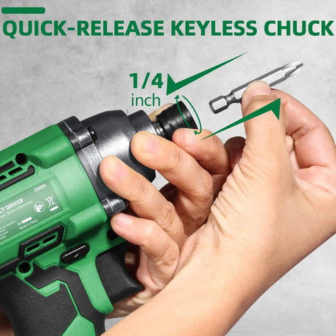 Close-up of Compact 20V Max Cordless Impact Driver Kit With 1060 In-Lbs Torque showing quick-release keyless chuck
