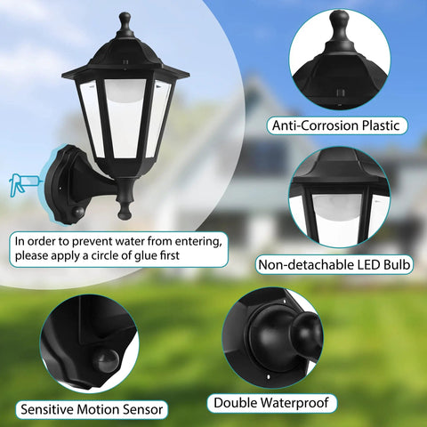 Motion Activated Outdoor Porch Light With Waterproof Exterior Sconce Featuring Motion Sensor No Fuss Easy Install Black Anti Rust Plastic LED Lamp For Front Door Garage Patio And House Exterior, showing different angles and features.
