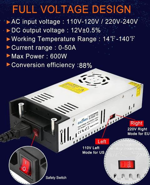 110V AC To 12V DC Power Converter 600W 50A SMPS Transformer with full voltage design and safety switch