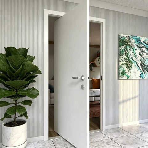 Heavy Duty Adjustable Pivot Door Hinge Set Stainless Steel Hidden Hinges For Secret Doors Bookcase Murphy Doors With 360 Degree Rotation Silent Opening Rust Resistant Easy Alignment in action on a white door.