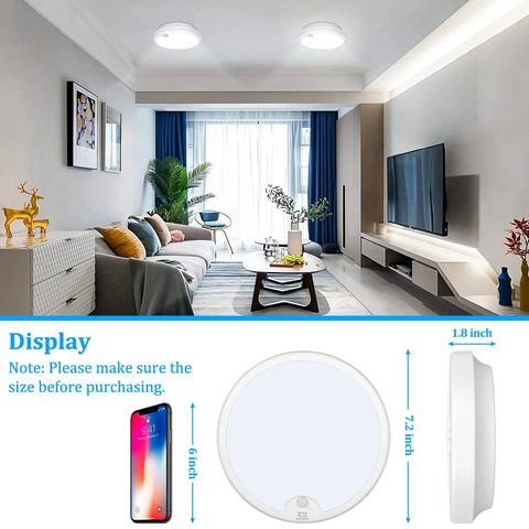 Two Pack Battery Operated Motion Sensor LED Ceiling Light, 7.2 Inch Flush Mount Fixture, 6000K Daylight White in a modern living room