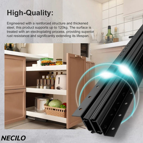 Undermount Heavy Duty Drawer Slides 20 Inch Full Extension 260 Lb Ball Bearing, concealed bottom mount runner in black steel for kitchen cabinet storage