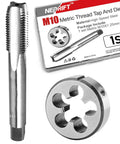 M10 x 1.25 Tap and Die Set for Precision Right Hand Threads, High Speed Steel 6542, heavy duty tools packaging and components visible