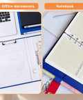Office documents and notebook on a desk with laptop and binder
