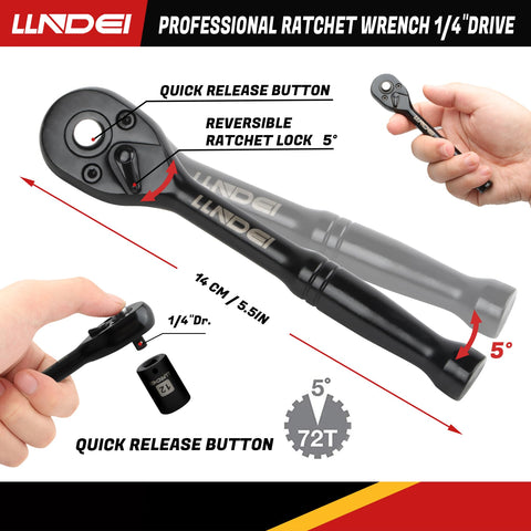 Close-up of Must Have Forty Eight Piece One Quarter Inch Mini Socket Ratchet Set With Seventy Two Teeth Ratchet, focus on quick release button