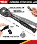 Close-up of a Dual Head 72-Tooth Ratchet Set with 1/4 inch drive, showcasing quick release button and reversible ratchet lock.