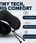 Close-up of Bluetooth Music Neck Pillow With Built In Speaker For Travel Sleep On Planes Trains Cars And Buses Semicircular 360 Neck Support Portable Navy Blue Travel Essential, featuring tech specs and textured fabric.