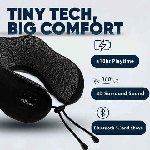 Close-up of Bluetooth Music Neck Pillow With Built In Speaker For Travel Sleep On Planes Trains Cars And Buses Semicircular 360 Neck Support Portable Navy Blue Travel Essential, featuring tech specs and textured fabric.