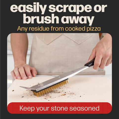 Person using 2 In 1 Pizza Oven Brush And Scraper For Quick Stone Cleaning With Stainless Steel Head, Dual Purpose Outdoor Oven Cleaner