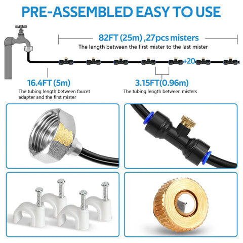 Diagram showing Outdoor Misting Cooling System Kit With 27 Brass Nozzles And Three Quarters Inch Brass Adapter, 98 Feet Long