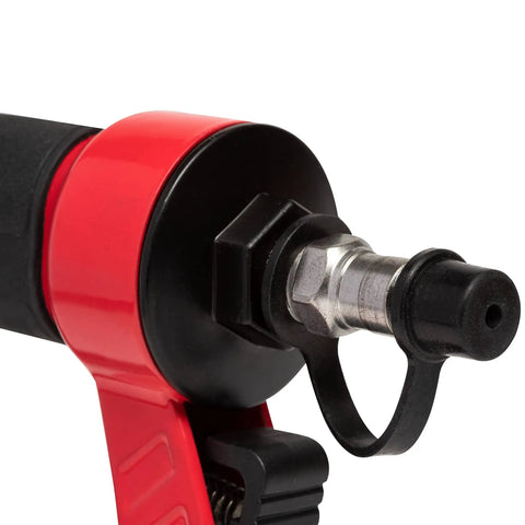 Close-up of Lightweight 23 Gauge Pin Nailer Oil Free Pneumatic Tool PT23G nozzle and ergonomic grip with red casing.